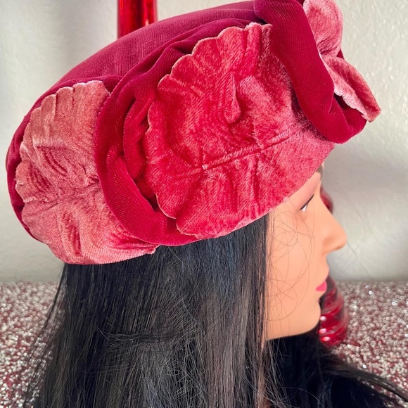 Vintage Velvet Leaves Hat Pink & Red Hat 60s Hat Union Made - Picture 4 of 6